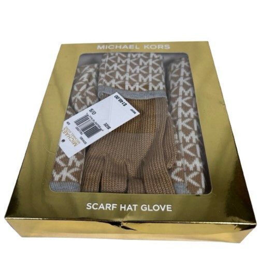 Michael Kors 3 Piece Set Scarf Gloves Hat New in Box Signature Cream White $148